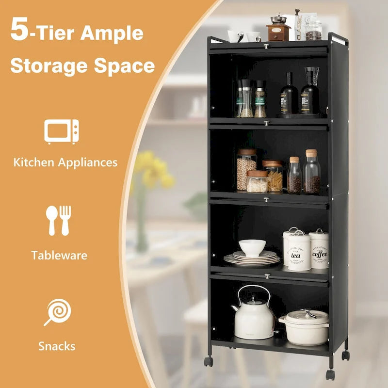 Étagère de rangement de cuisine roulante noire à 5 niveaux avec portes relevables, pour 1 personne