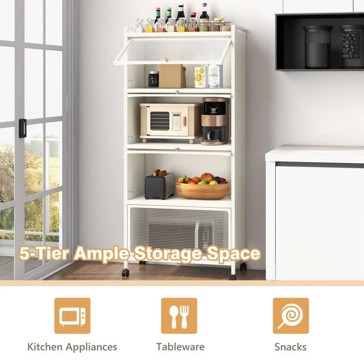 Étagère de rangement de cuisine roulante noire à 5 niveaux avec portes relevables, pour 1 personne