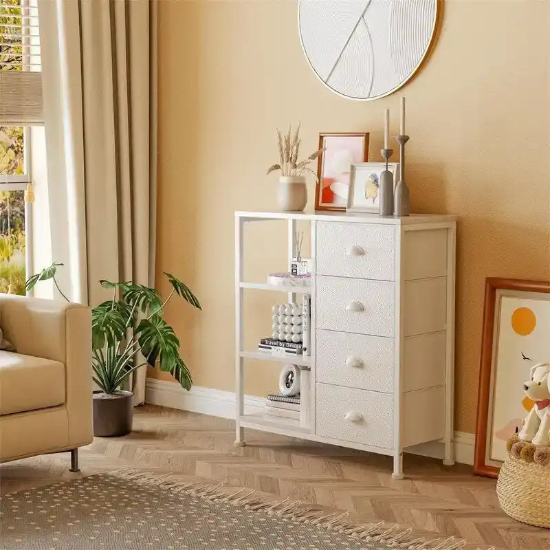 Commode blanche / brun rustique / noire à 4 tiroirs avec étagère latérale à 3 niveaux, 1-2 personnes