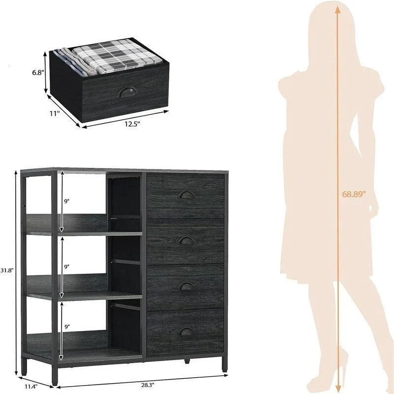 Commode blanche / brun rustique / noire à 4 tiroirs avec étagère latérale à 3 niveaux, 1-2 personnes