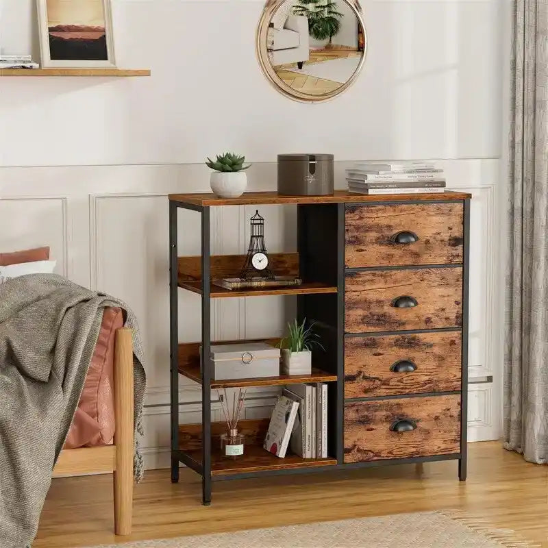 Commode blanche / brun rustique / noire à 4 tiroirs avec étagère latérale à 3 niveaux, 1-2 personnes