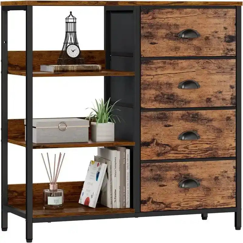 Commode blanche / brun rustique / noire à 4 tiroirs avec étagère latérale à 3 niveaux, 1-2 personnes