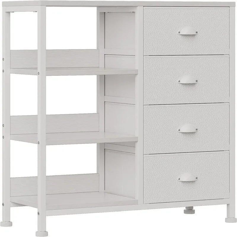 Commode blanche / brun rustique / noire à 4 tiroirs avec étagère latérale à 3 niveaux, 1-2 personnes