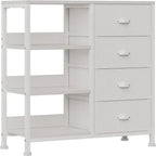 Commode blanche / brun rustique / noire à 4 tiroirs avec étagère latérale à 3 niveaux, 1-2 personnes