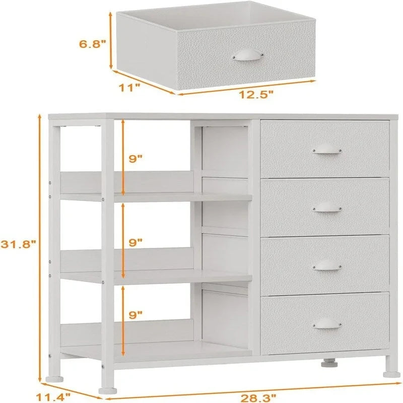 Commode blanche / brun rustique / noire à 4 tiroirs avec étagère latérale à 3 niveaux, 1-2 personnes