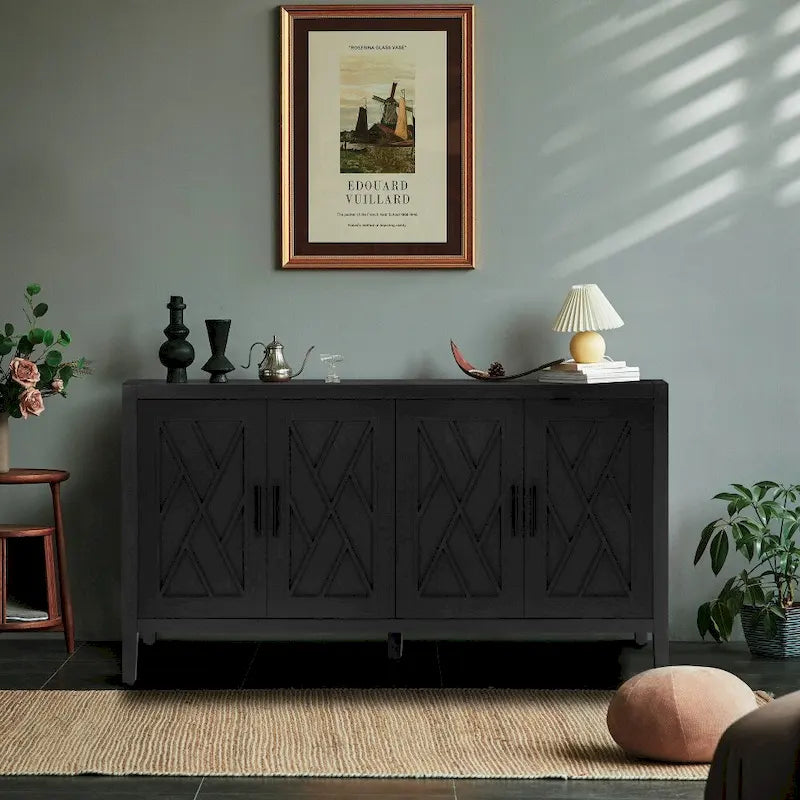 Meuble de rangement vintage à 4 portes de 152 cm (59,8 po) Noir et Noyer foncé / Gris antique