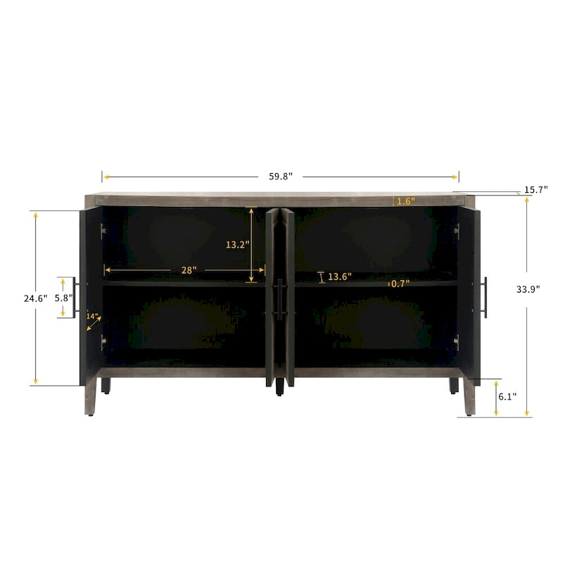 Meuble de rangement vintage à 4 portes de 152 cm (59,8 po) Noir et Noyer foncé / Gris antique