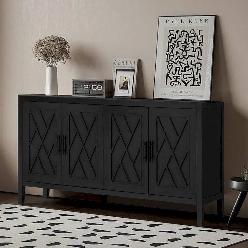 Meuble de rangement vintage à 4 portes de 152 cm (59,8 po) Noir et Noyer foncé / Gris antique