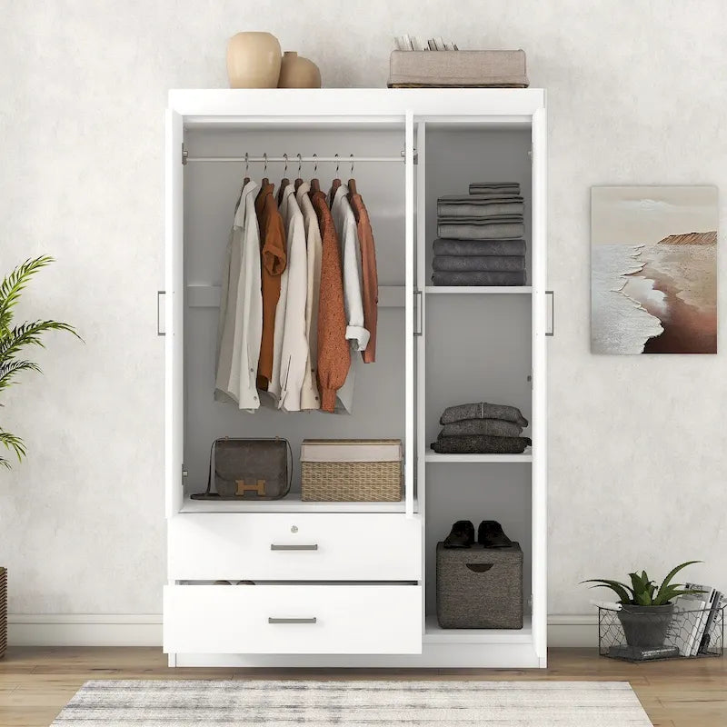 Armoire 3 portes blanche/grise avec tiroirs et penderie – Montage à 2 personnes