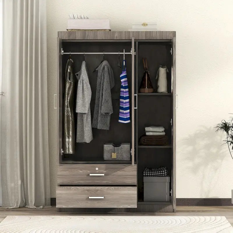 Armoire 3 portes blanche/grise avec tiroirs et penderie – Montage à 2 personnes