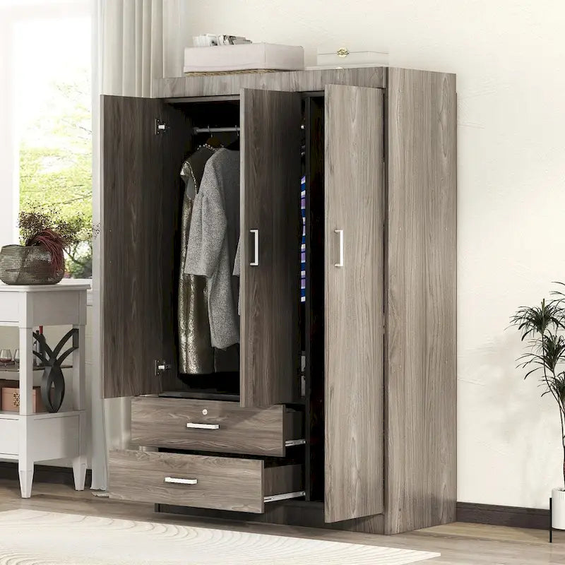 Armoire 3 portes blanche/grise avec tiroirs et penderie – Montage à 2 personnes