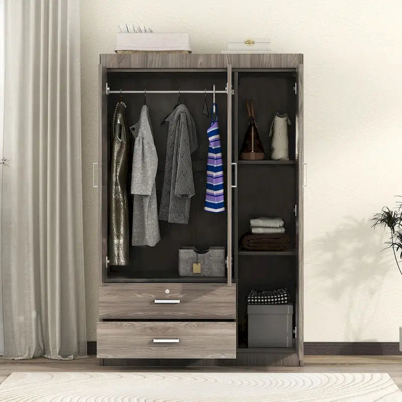 Armoire 3 portes blanche/grise avec tiroirs et penderie – Montage à 2 personnes