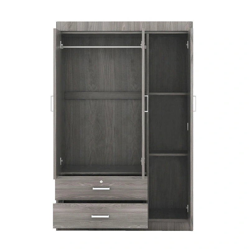 Armoire 3 portes blanche/grise avec tiroirs et penderie – Montage à 2 personnes
