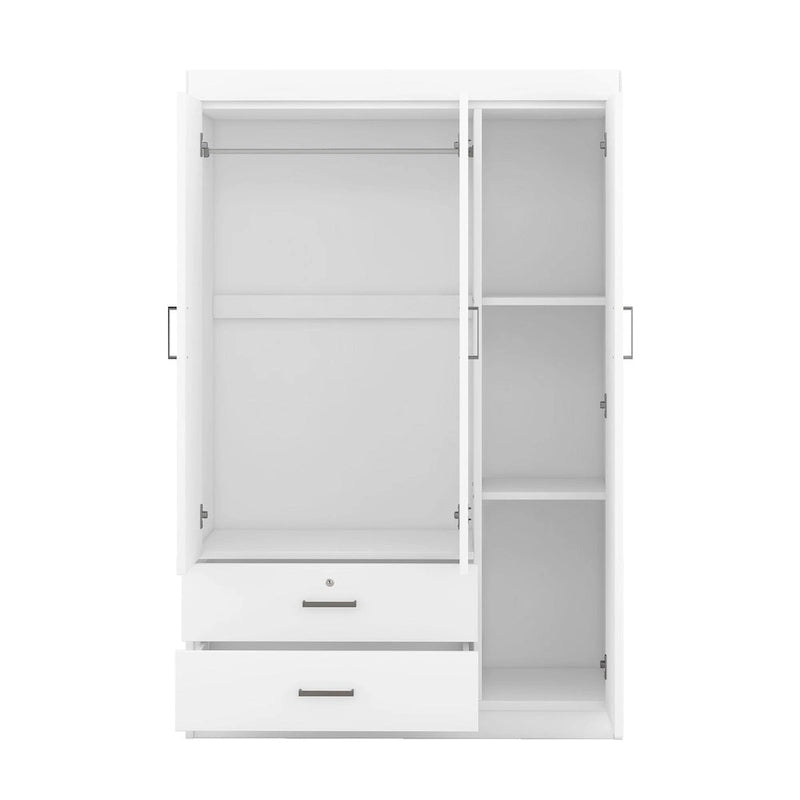 Armoire 3 portes blanche/grise avec tiroirs et penderie – Montage à 2 personnes