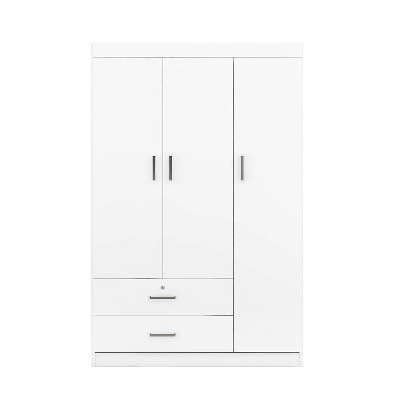 Armoire 3 portes blanche/grise avec tiroirs et penderie – Montage à 2 personnes