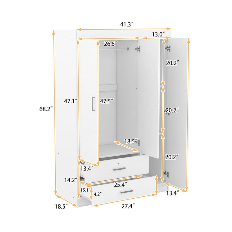 Armoire 3 portes blanche/grise avec tiroirs et penderie – Montage à 2 personnes