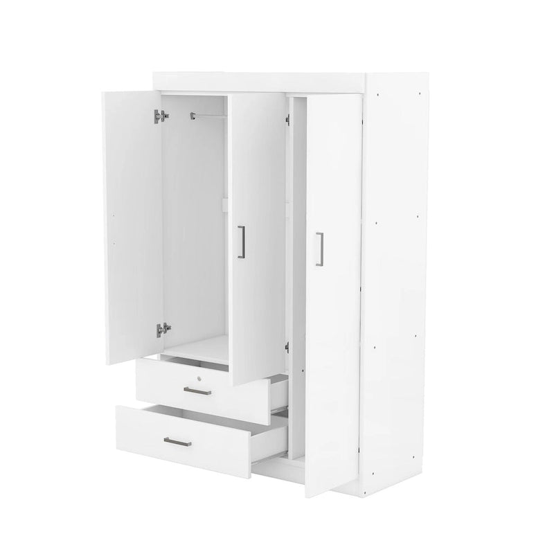 Armoire 3 portes blanche/grise avec tiroirs et penderie – Montage à 2 personnes