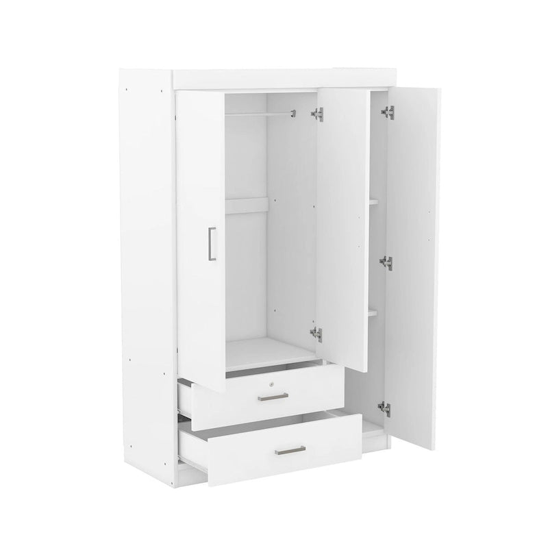 Armoire 3 portes blanche/grise avec tiroirs et penderie – Montage à 2 personnes