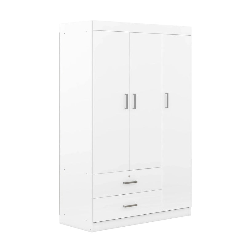 Armoire 3 portes blanche/grise avec tiroirs et penderie – Montage à 2 personnes