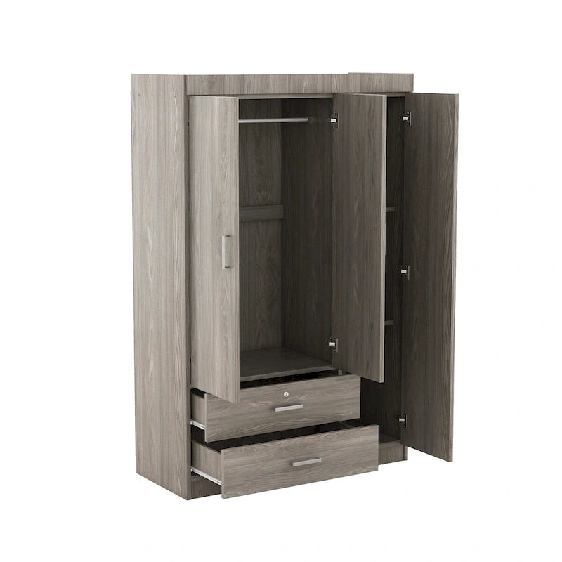 Armoire 3 portes blanche/grise avec tiroirs et penderie – Montage à 2 personnes