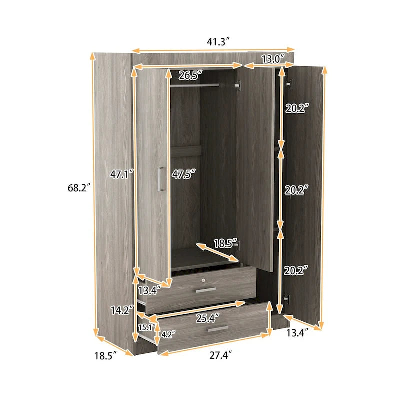 Armoire 3 portes blanche/grise avec tiroirs et penderie – Montage à 2 personnes