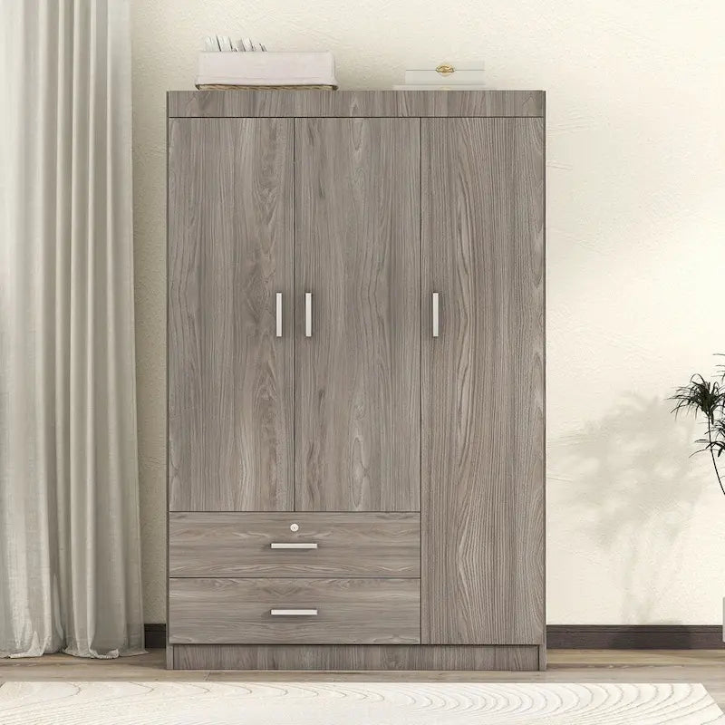 Armoire 3 portes blanche/grise avec tiroirs et penderie – Montage à 2 personnes