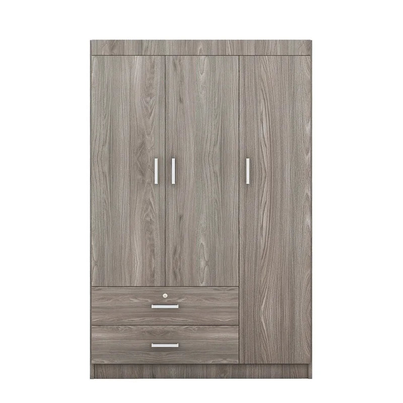 Armoire 3 portes blanche/grise avec tiroirs et penderie – Montage à 2 personnes