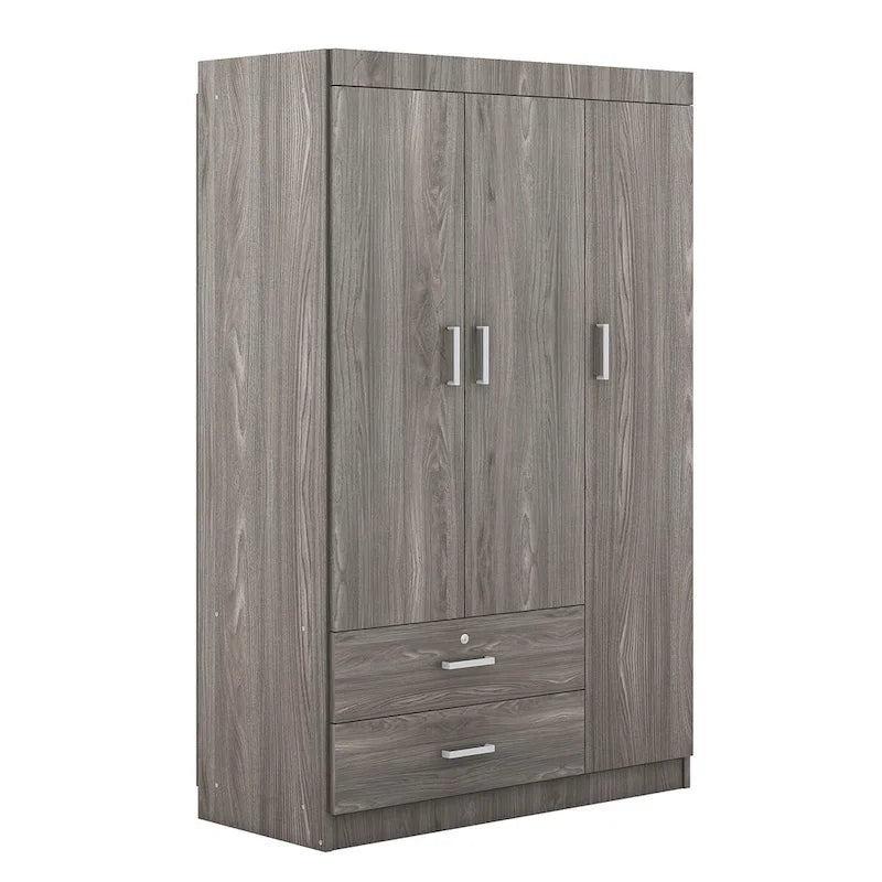 Armoire 3 portes blanche/grise avec tiroirs et penderie – Montage à 2 personnes