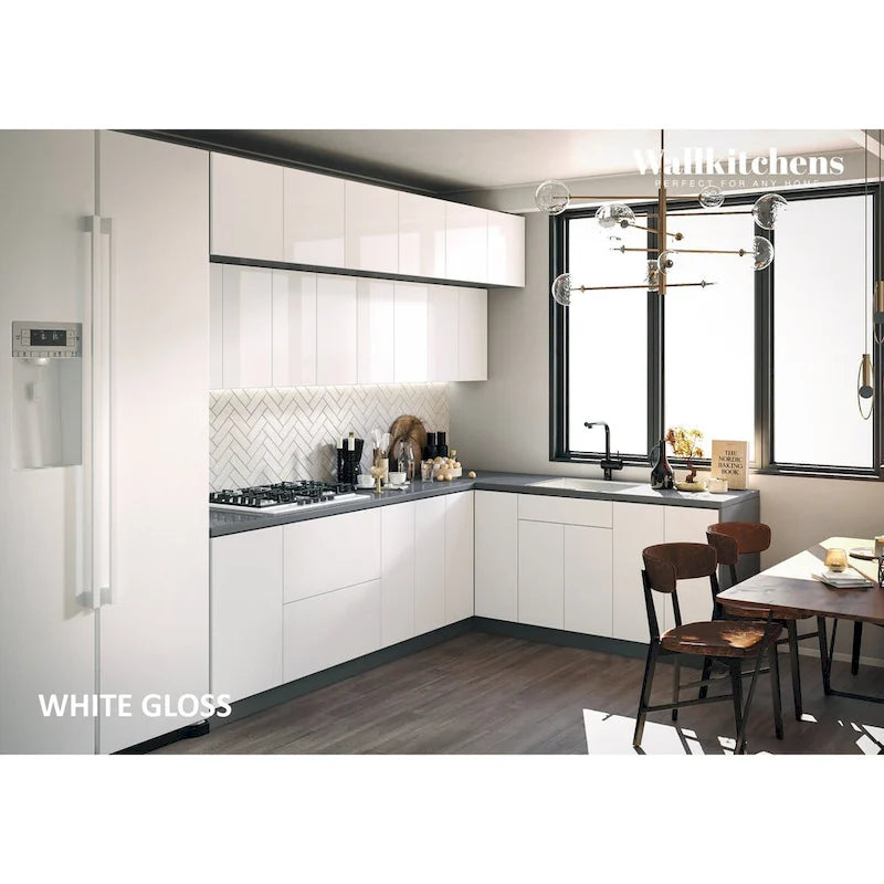 Ensemble d'armoires de cuisine modernes blanc brillant, 2,74 m de large