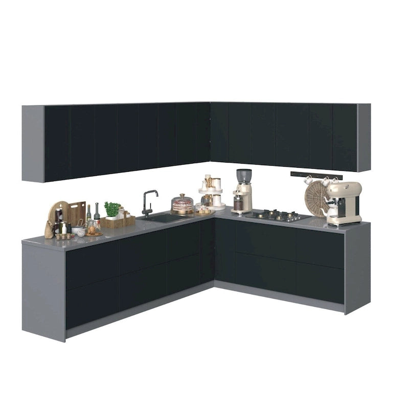Ensemble d'Armoires de Cuisine Modernes Argent / Noir / Blanc – 10 pieds de large (94×120)