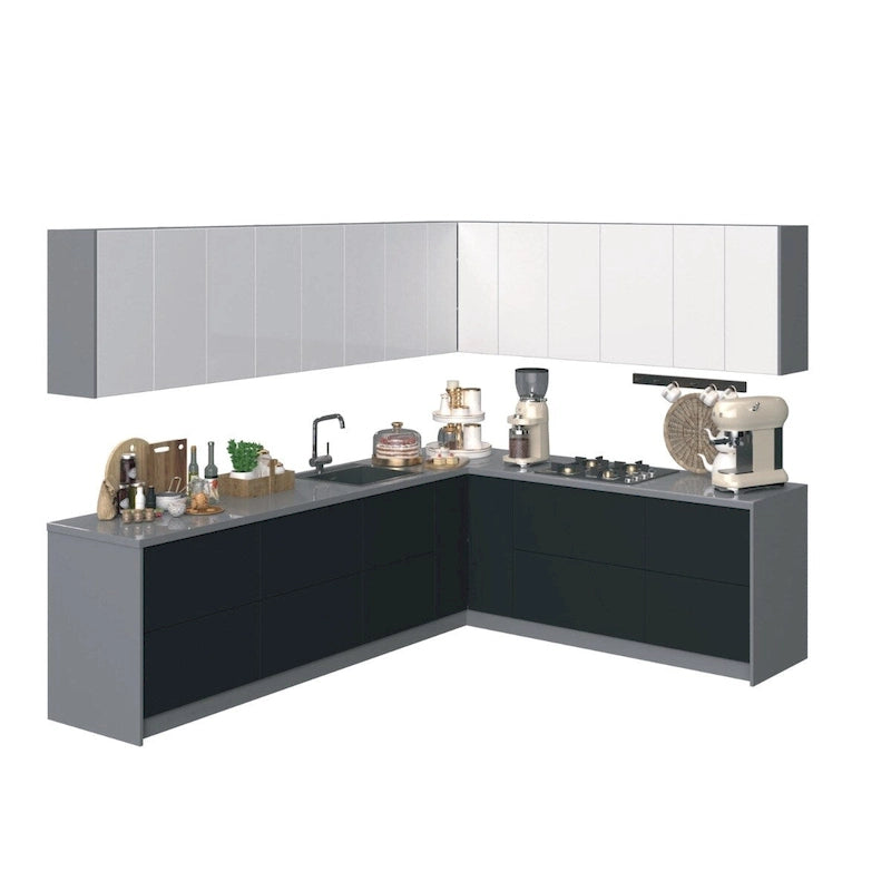 Ensemble d'Armoires de Cuisine Modernes Argent / Noir / Blanc – 10 pieds de large (94×120)