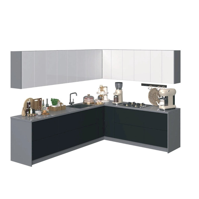 Ensemble d'Armoires de Cuisine Modernes Argent / Noir / Blanc – 10 pieds de large (94×120)