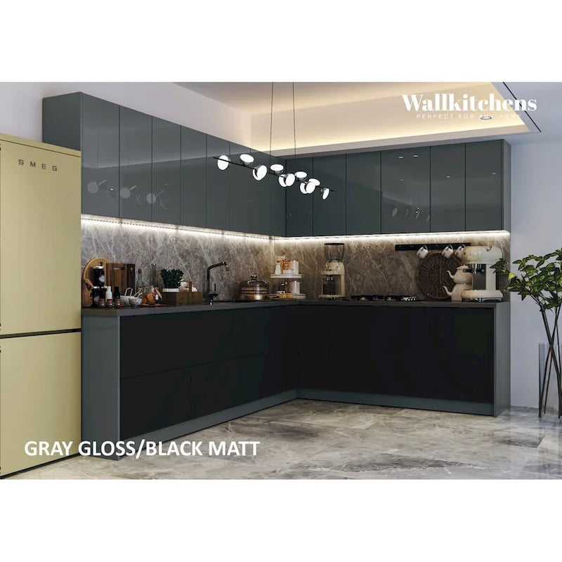 Ensemble d'Armoires de Cuisine Modernes Argent / Noir / Blanc – 10 pieds de large (94×120)
