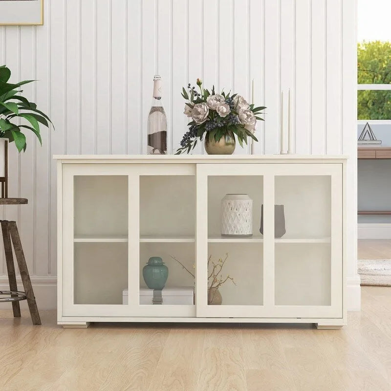 Kitchen Storage Stand Cupboard With Glass Door-White - N/A