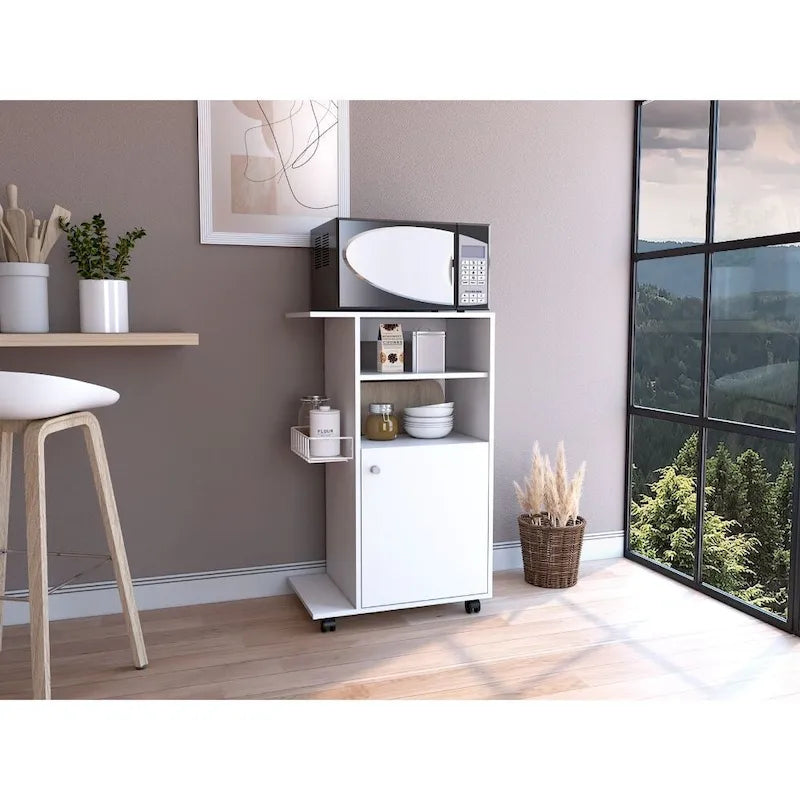 Chariot de cuisine une porte, blanc / noir, 4 roulettes, assemblage par 2 personnes