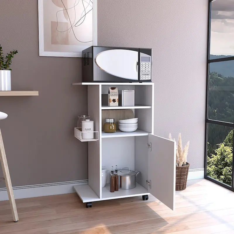 Chariot de cuisine une porte, blanc / noir, 4 roulettes, assemblage par 2 personnes