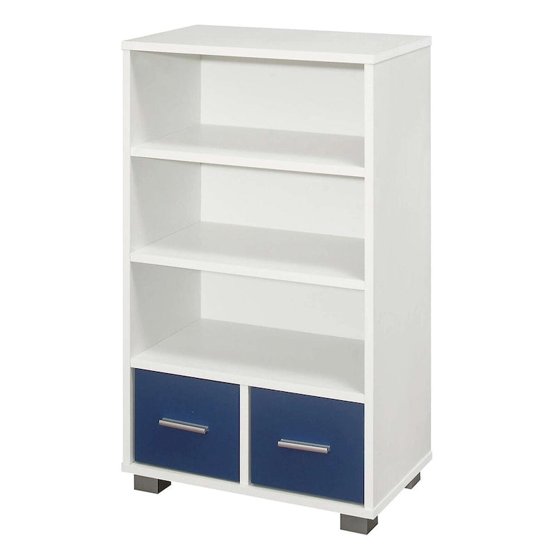 Bibliothèque enfant blanche et bleue à 3 étagères et 2 tiroirs, 1-2 utilisateurs