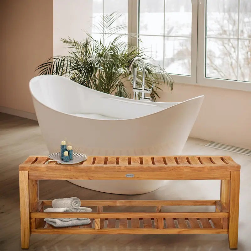 Banc de douche en teck miel avec étagère de rangement – 1 personne