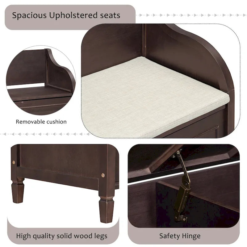 Banc de rangement en bois massif Espresso/Blanc/Bleu/Naturel/Gris, 2 places