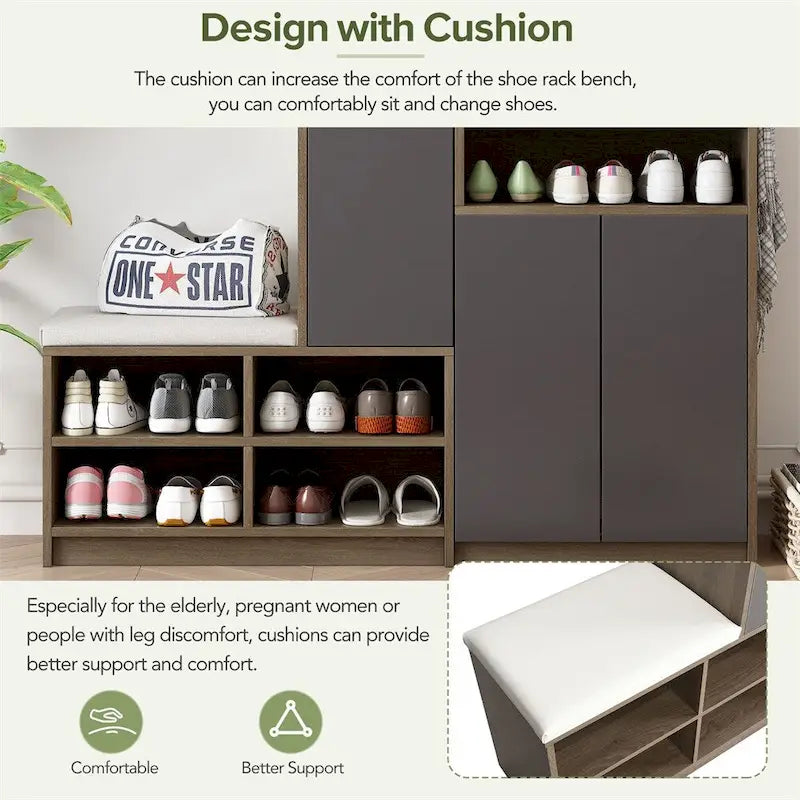 Banc de rangement pour chaussures avec coussin gris foncé/blanc, 1 place