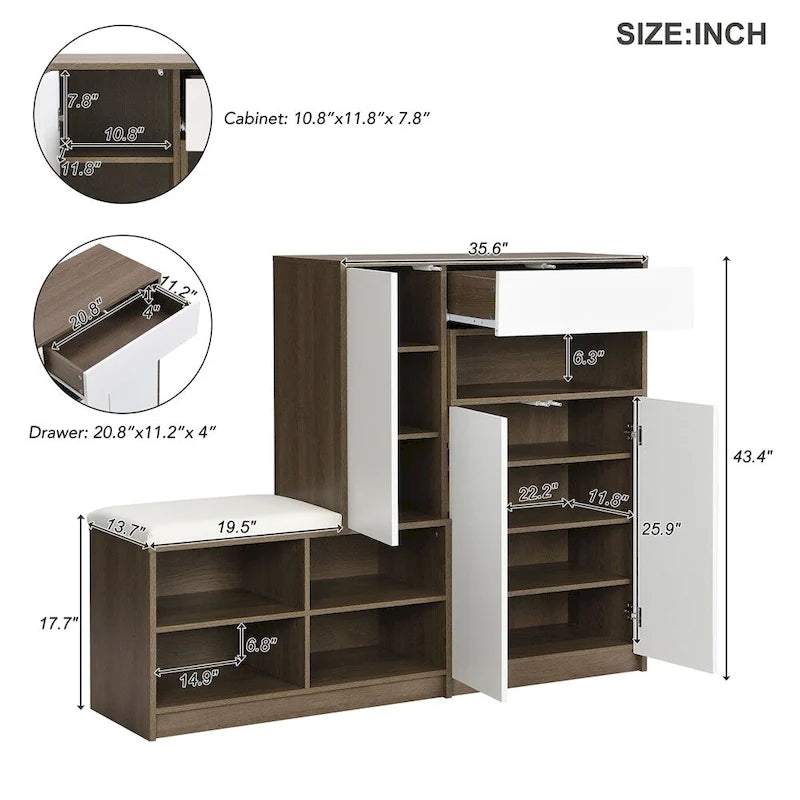 Banc de rangement pour chaussures avec coussin gris foncé/blanc, 1 place