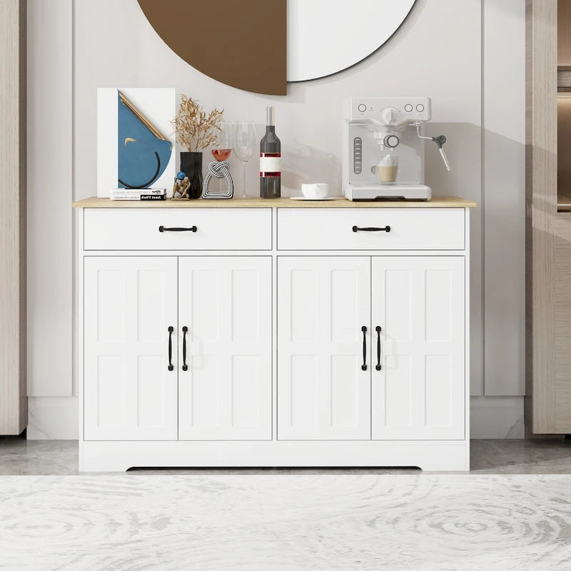 Buffet bahut de ferme marron/blanc avec 2 tiroirs et 4 portes
