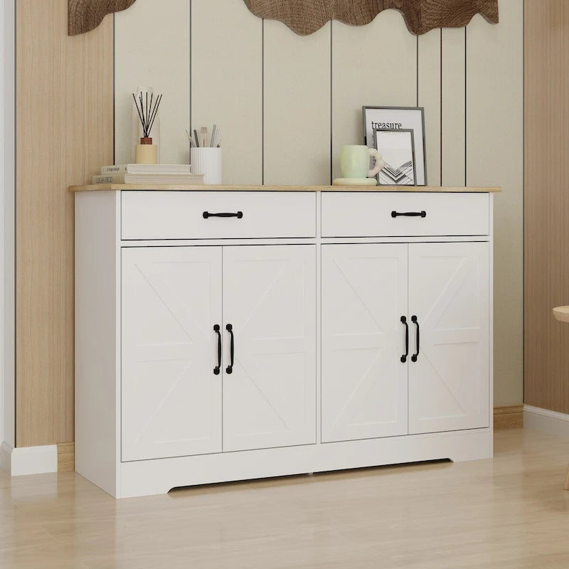Buffet bahut de ferme marron/blanc avec 2 tiroirs et 4 portes
