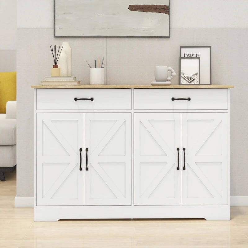 Buffet bahut de ferme marron/blanc avec 2 tiroirs et 4 portes