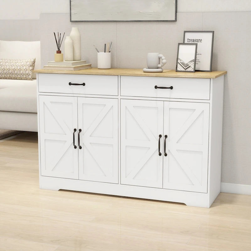 Buffet bahut de ferme marron/blanc avec 2 tiroirs et 4 portes