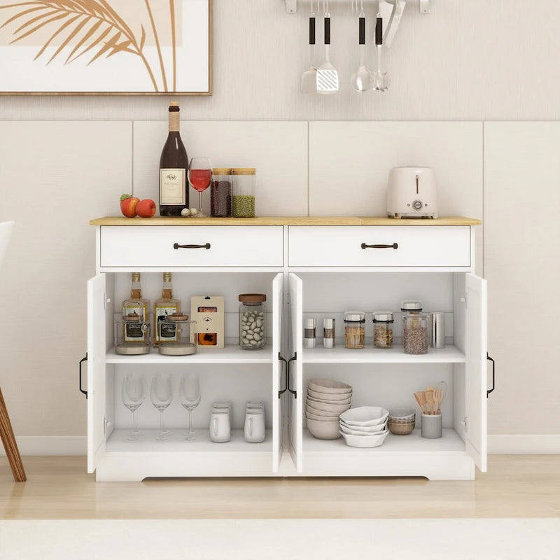 Buffet bahut de ferme marron/blanc avec 2 tiroirs et 4 portes
