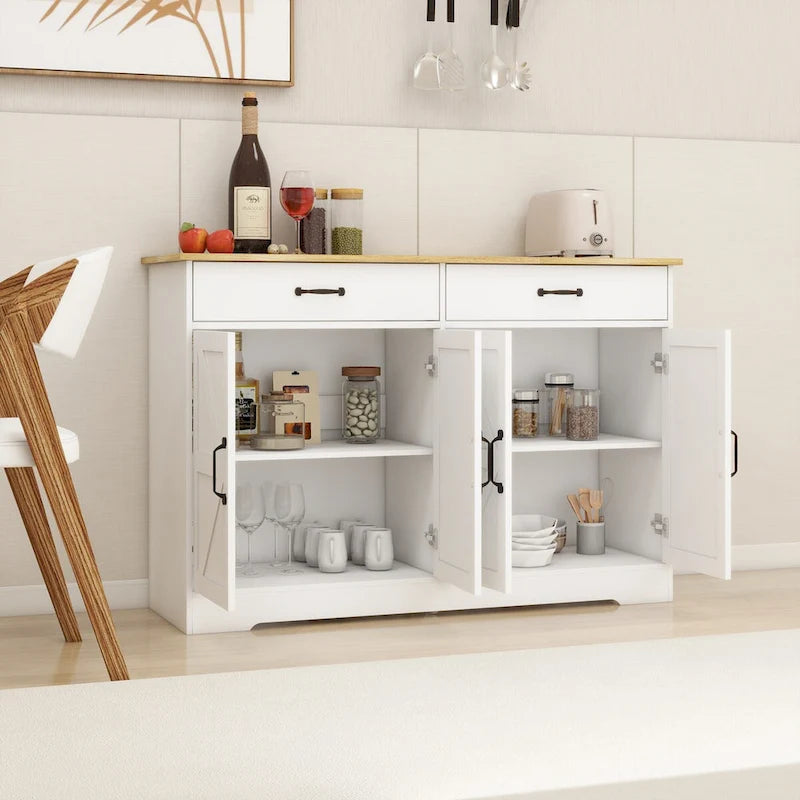 Buffet bahut de ferme marron/blanc avec 2 tiroirs et 4 portes