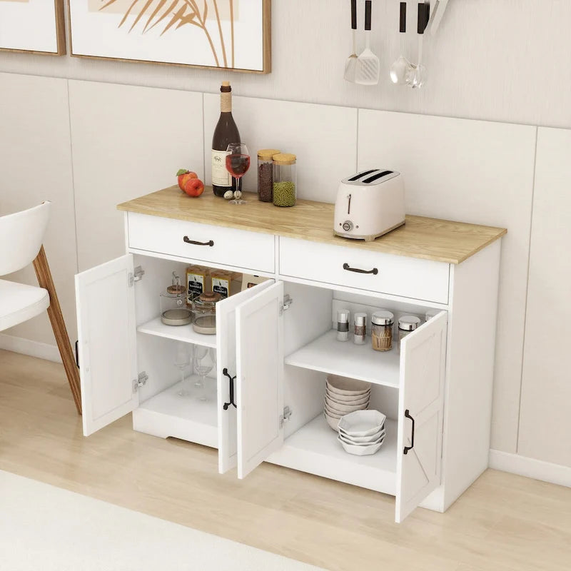 Buffet bahut de ferme marron/blanc avec 2 tiroirs et 4 portes