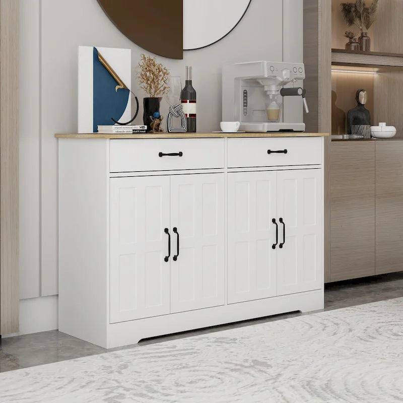 Buffet bahut de ferme marron/blanc avec 2 tiroirs et 4 portes