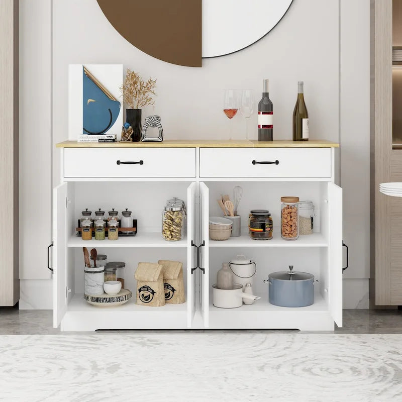 Buffet bahut de ferme marron/blanc avec 2 tiroirs et 4 portes